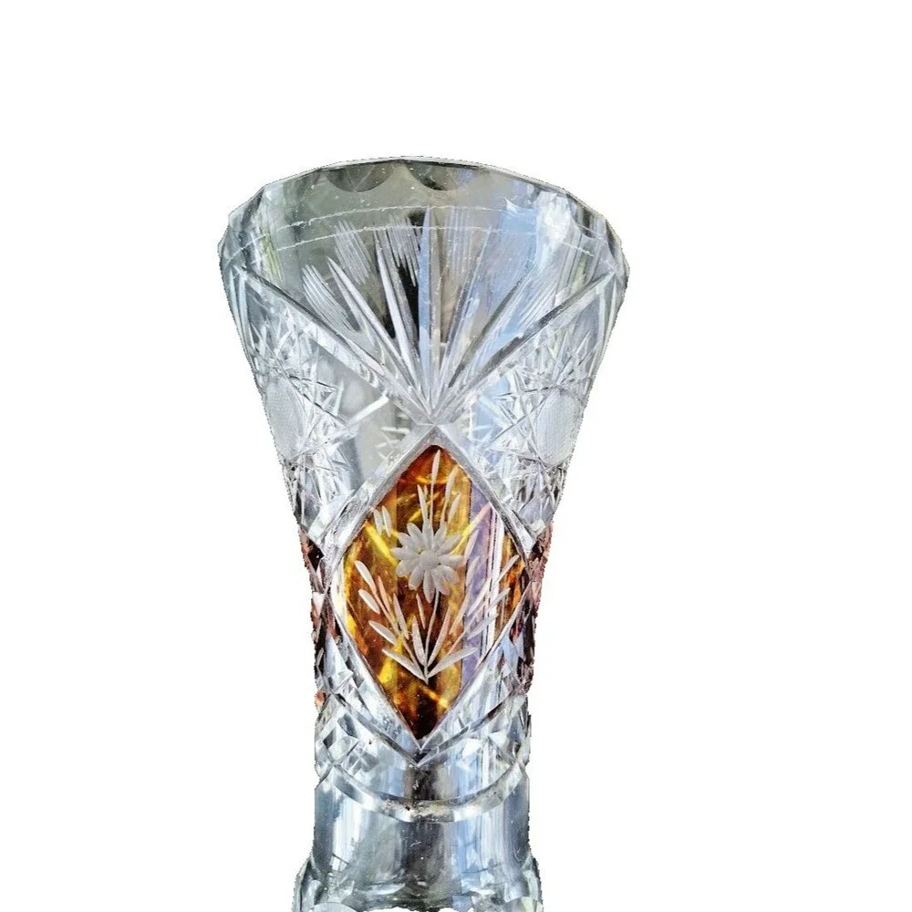 Vintage Amber Cut to Clear Crystal Footed Vase Engraved Floral Bohemian 6.5
